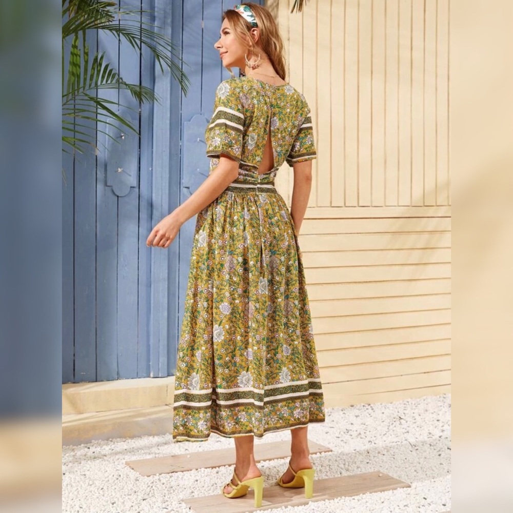Floral Maxi Dress Short Sleeves Open Back Yellow M